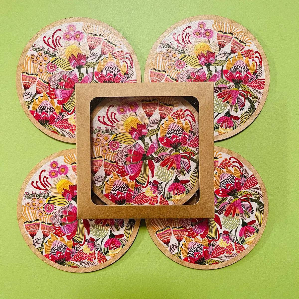Premium Wild Proteas Wooden Coasters & Napkin Holder Set - Natural Wood Drink Coasters with Floral Design - Perfect for Dining Table, Kitchen, and Home Decor