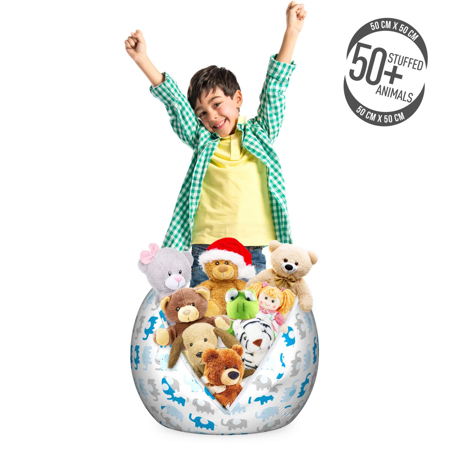 Ambesonne Animal Storage Toy Bag Chair - Striped Elephant Design, Washable Stuffed Animal Organizer, Small Size (White/Taupe/Blue) - Perfect for Kids' Room, Nursery & Playroom Organization