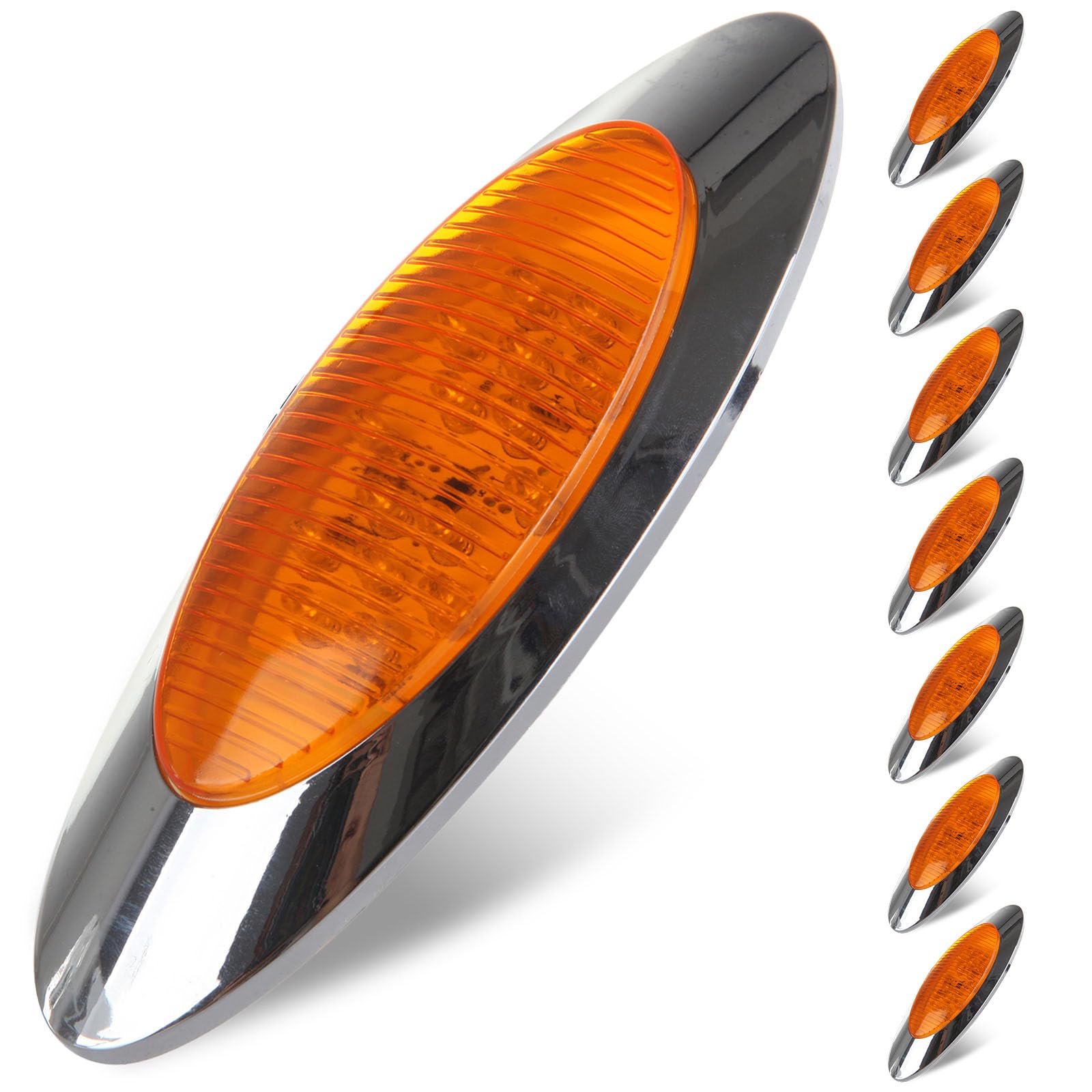 8x6.5 Inch Oval Amber LED Marker Lights with Chrome Bezel - Clearance Side Lights for Trucks, Trailers, RVs, Boats - Compatible with Peterbilt, Kenworth, Freightliner