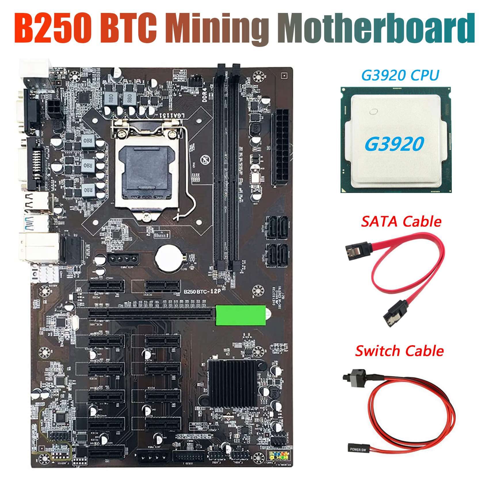Flisdtry B250 BTC Mining Motherboard with Intel G3920/G3930 CPU, 12 GPU Slots, LGA 1151, DDR4, USB 3.0 - Includes SATA & Switch Cables - Perfect for Cryptocurrency Mining Rigs & Ethereum Mining Setup