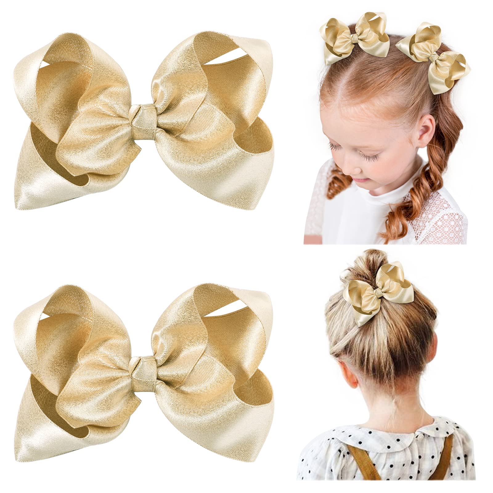 2 Pack 4.5 Inch Girls Hair Bows with Alligator Clips - Solid Color Grosgrain Ribbon Hair Accessories for Toddler, Teen & Kids (Light Gold) - Perfect for School, Parties & Everyday Wear