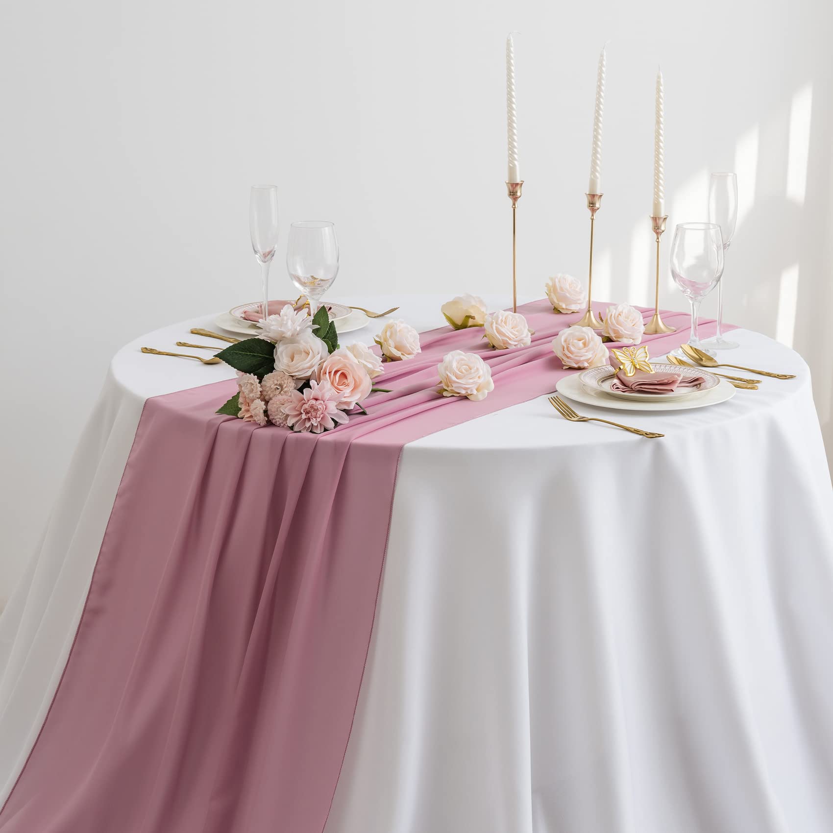 AILITI 6-Pack Chiffon Table Runners 29x120 Inches - Elegant Gauze Wedding Table Decor for Romantic Bridal Showers, Baby Showers & Birthday Parties - Dusty Pink Rustic Sheer Tablecloth (Perfect for Cake Tables, Buffet Displays & Centerpiece Decorations)