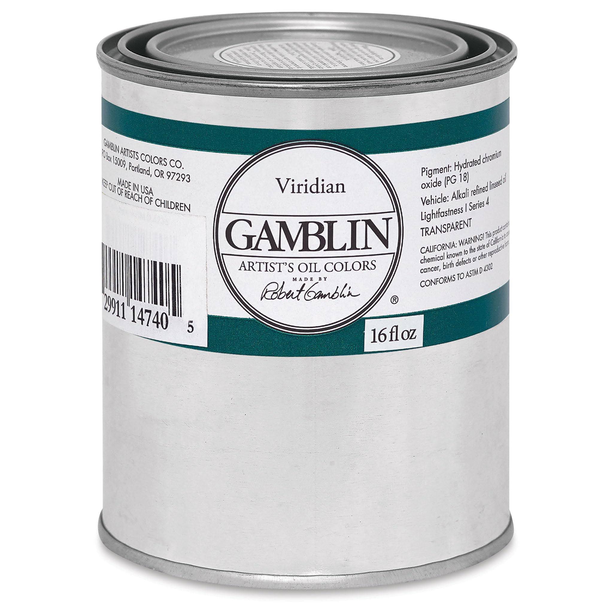 Gamblin Artist's Oil Color - Viridian Green 16 oz Can | Professional Oil Paint for Artists | Perfect for Canvas Painting & Fine Art