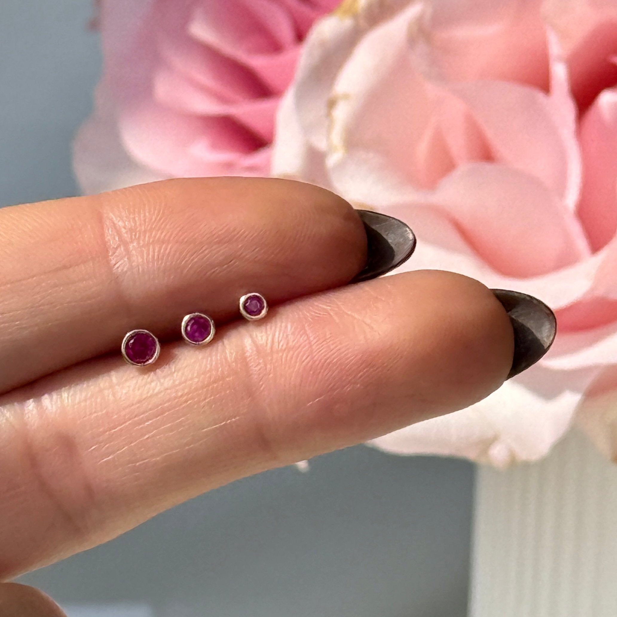 14K Yellow Gold Round Pink Ruby Stud Earrings - Flat Back Bezel Set for Women | Perfect for Everyday Wear, Parties & Gifts