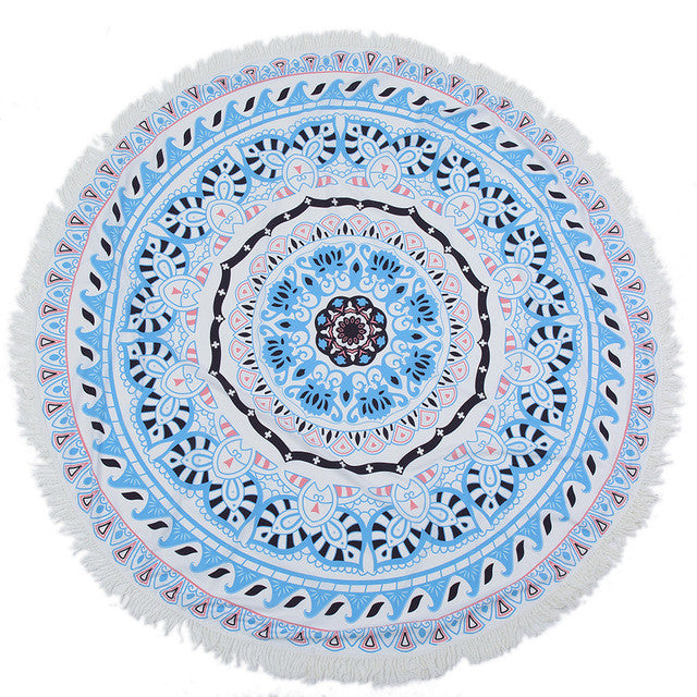 Blue Round Mandala Beach Towel with Tassel Fringe - 150x150cm Polyester Round Mat for Beach, Picnic, Yoga, Wall Decor & Tablecloth