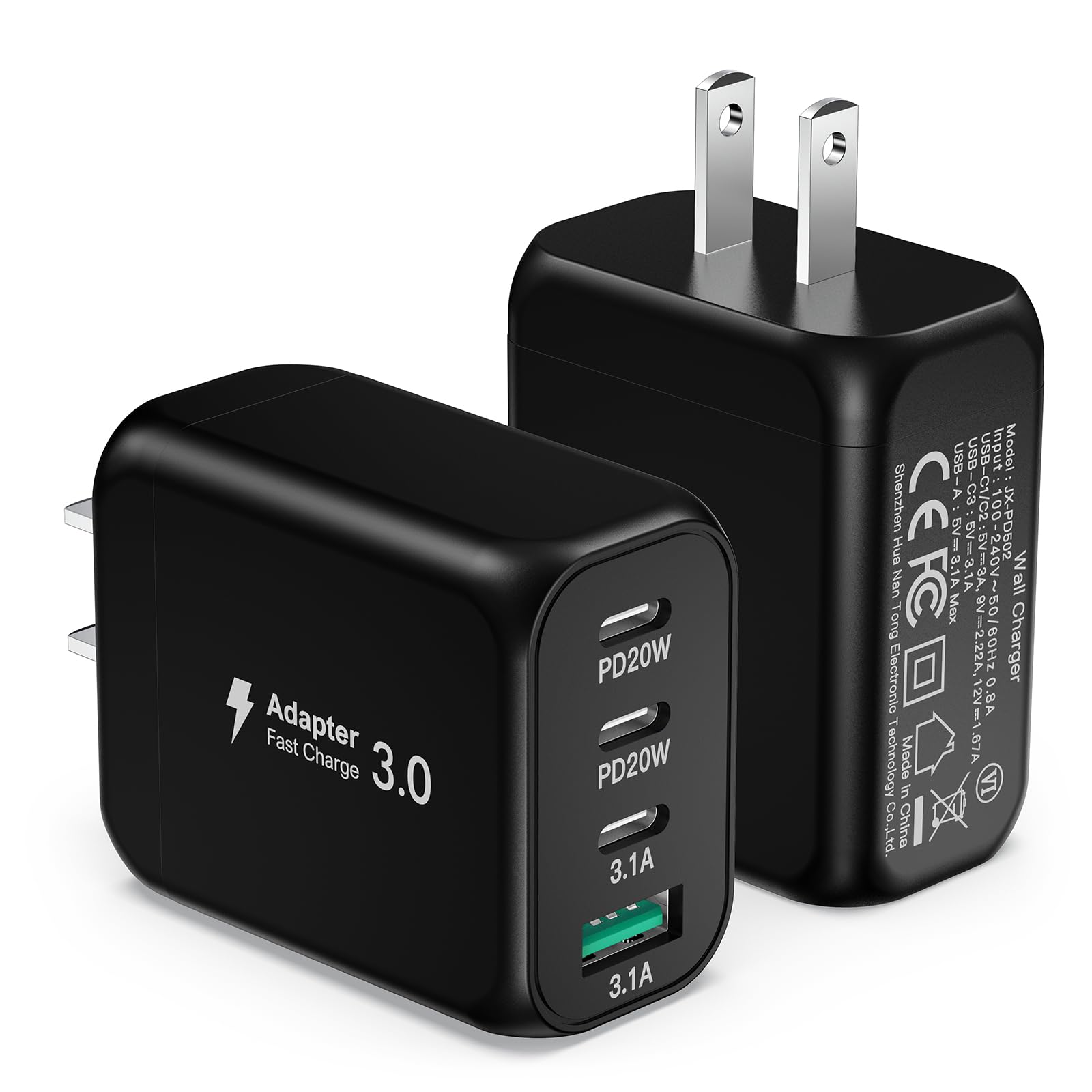 40W 4-Port USB C Wall Charger Fast Charging Block with PD & QC 3.0 - Compatible with iPhone 15/14/13/12/11 Pro Max/XS/XR, iPad, Samsung Galaxy - Perfect for Home, Office & Travel Charging (2-Pack, Black)