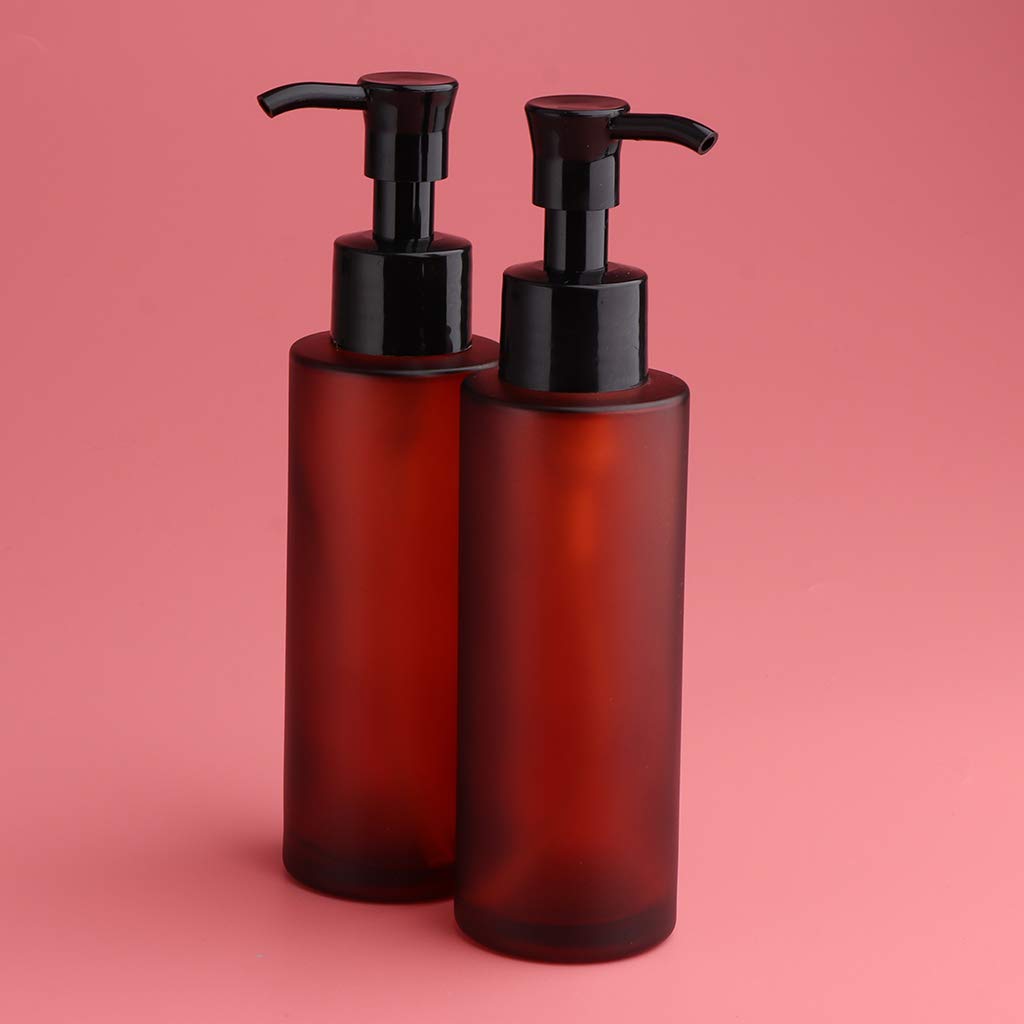 Freneci 2 Pack 100ml Amber Glass Cosmetic Pump Bottles with Long Tip Dispenser - Essential Oil, Lotion & Serum Containers for Travel, Bathroom & Salon Use
