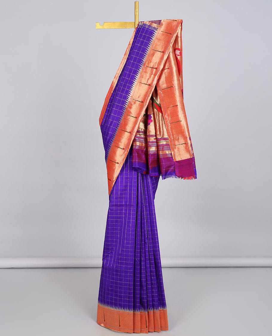 Blue Checked Paithani Silk Saree with Contrast Muniya Border & Colorful Floral Vine Pallu Featuring Macaw Parrot Motifs - Perfect for Weddings, Festivals & Special Occasions