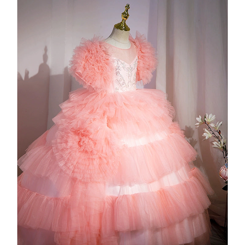 Pink Princess Round Floor Length Satin Flower Girl Dress for Weddings, Birthday Parties & Special Occasions