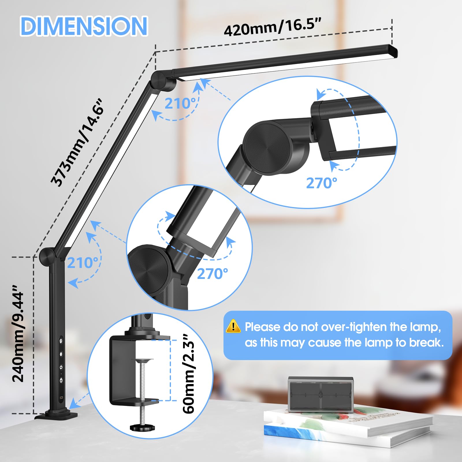 ShineTech LED Architect Desk Lamp with Clamp - Dual Light Sources, 4 Color Temperatures & 5 Brightness Levels - Modern Adjustable Office Table Light for Home, Study, Reading & Workstation Use