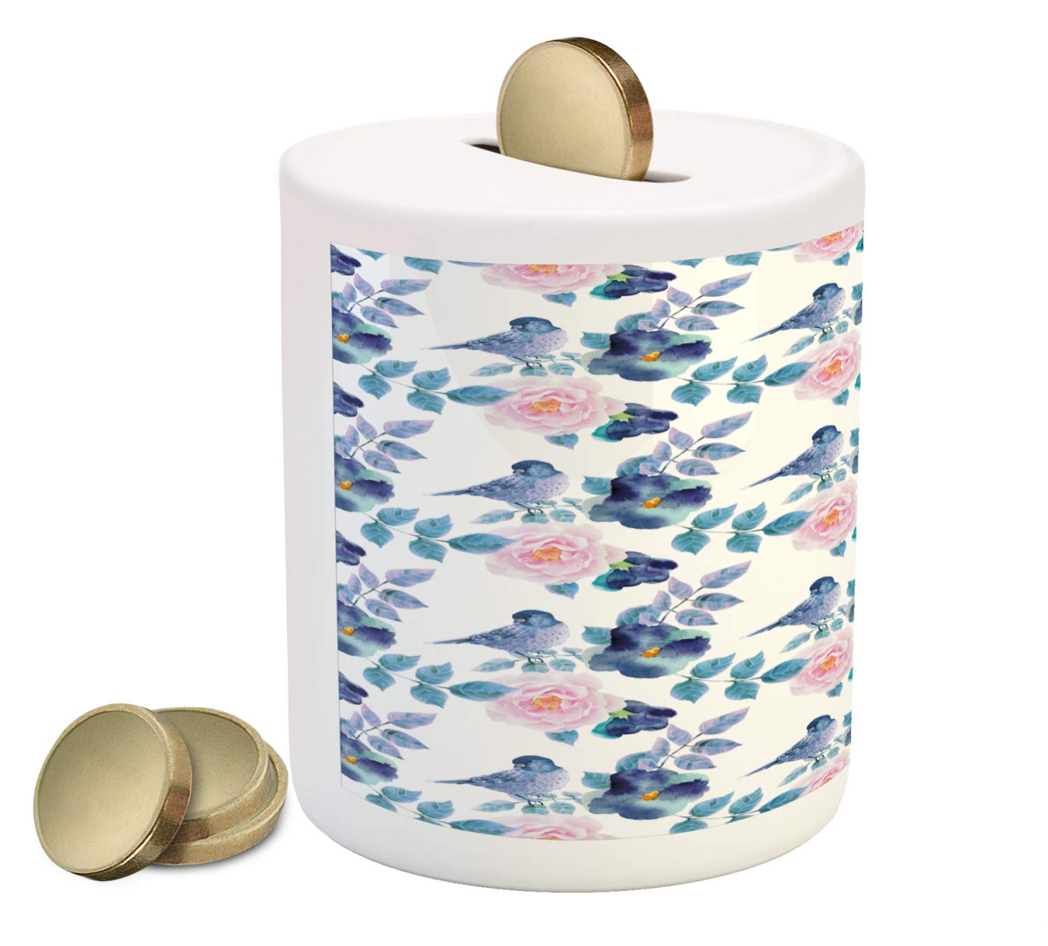 Ambesonne Ceramic Piggy Bank - Watercolor Sparrows & Branches Design for Cash Saving, Sky Blue White & Royal Blue | Perfect Gift for Kids, Home Decor, and Money Saving Goals
