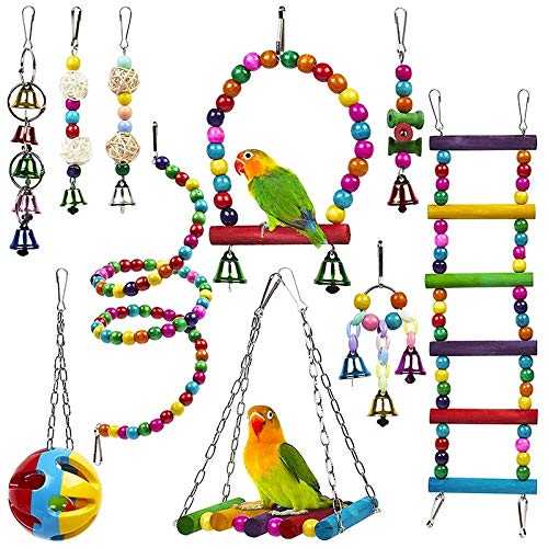 10 Pack Bird Cage Toys for Parrots - Chewable Wooden Beads, Swing, Bell & Bite Bridge - Durable Pet Bird Supplies for Chewing & Play - Perfect for Parakeets, Cockatiels & Conures - Cage Accessories for Mental Stimulation & Exercise