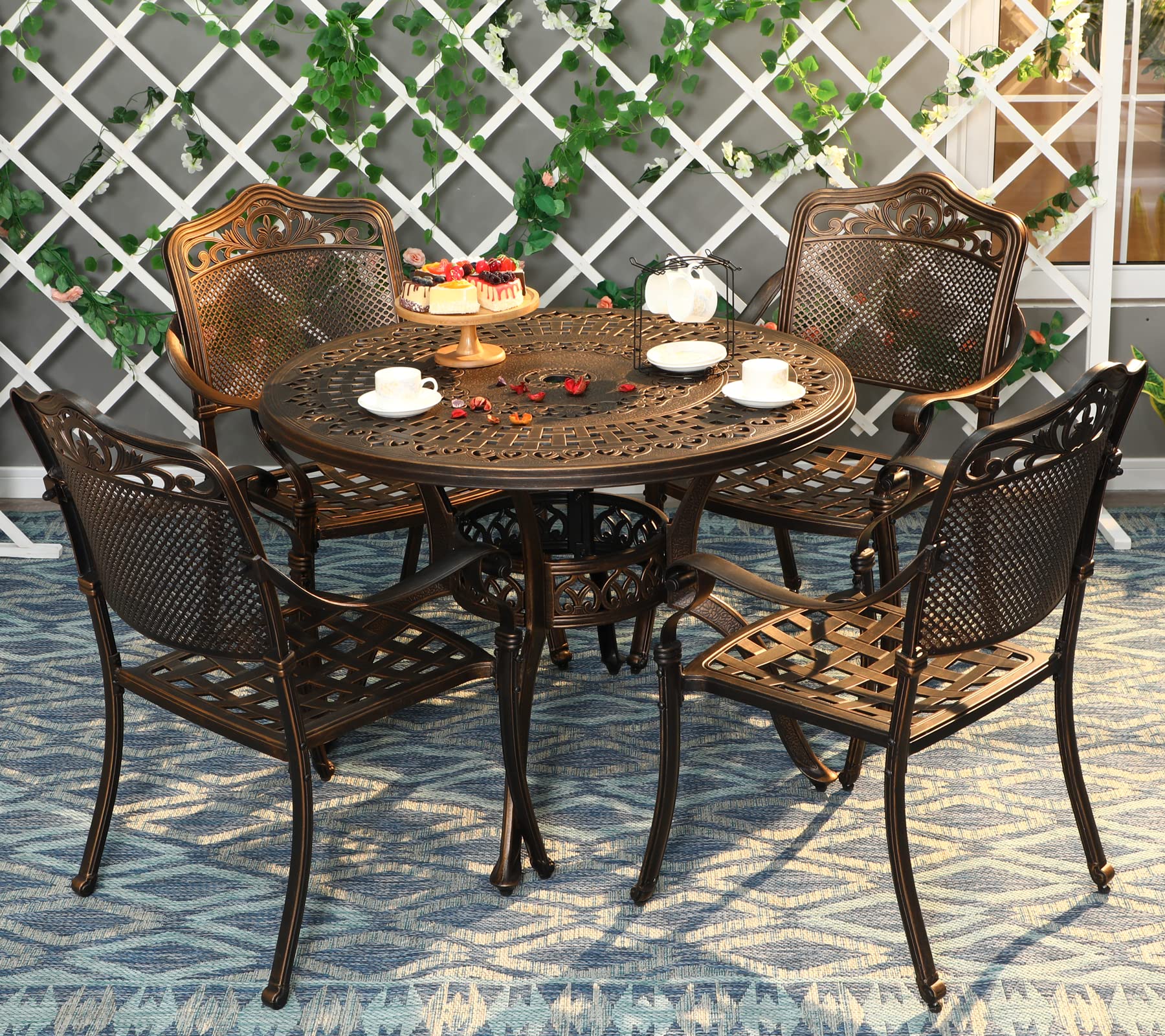 PHI VILLA 39 Inch Round Cast Aluminum Outdoor Bistro Dining Table with 1.97