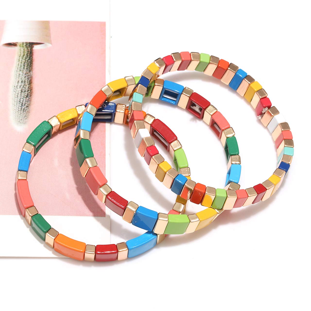 ANGLESJELL Enamel Tile Bracelets - Rainbow Colorful Rectangle Beaded Stretch Bracelets for Women & Girls, Stackable Layered Bangle Jewelry - Perfect for Casual Wear, Gift Giving, and Festival Outfits