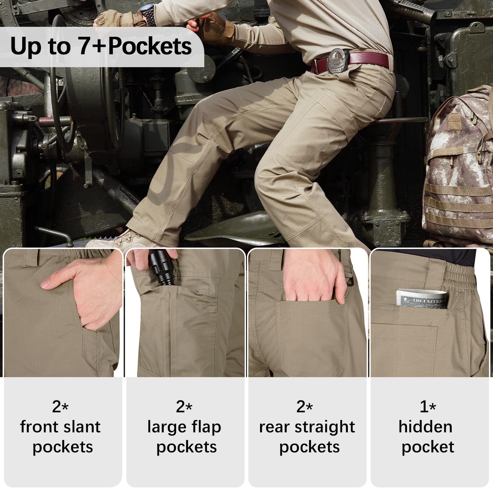 FREE SOLDIER Men's Tactical Cargo Pants - Water Resistant Ripstop Work Pants for Outdoor Hiking, Camping & Travel - Lightweight Durable Military Style Pants for Men