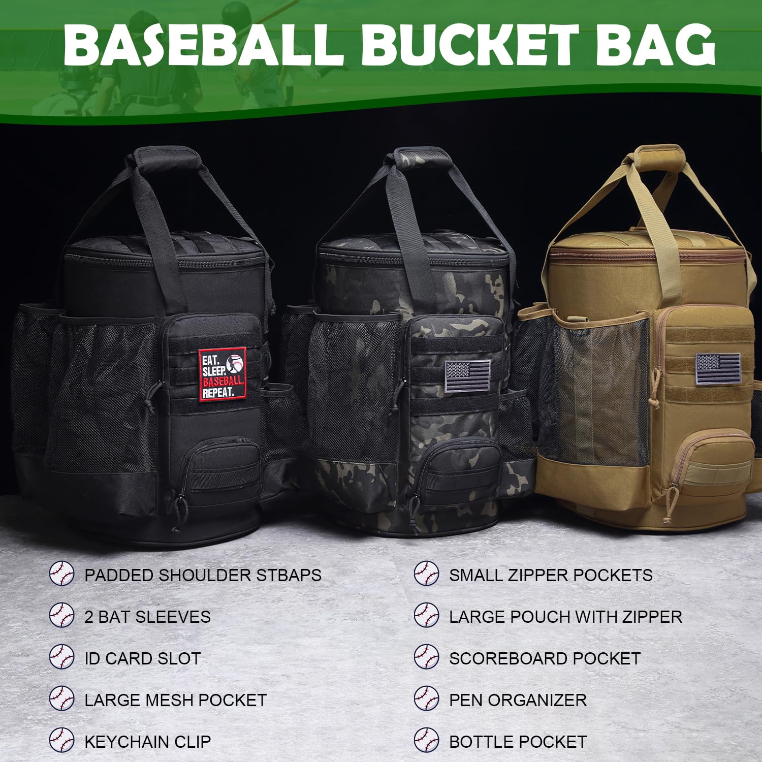 **Baseball Bucket Bag - Durable Softball Coaching Accessories Organizer with Anti-Slip Bottom & Multiple Pockets for Bats, Gloves, Scoreboards - Perfect for Coaches, Players & Training Sessions**