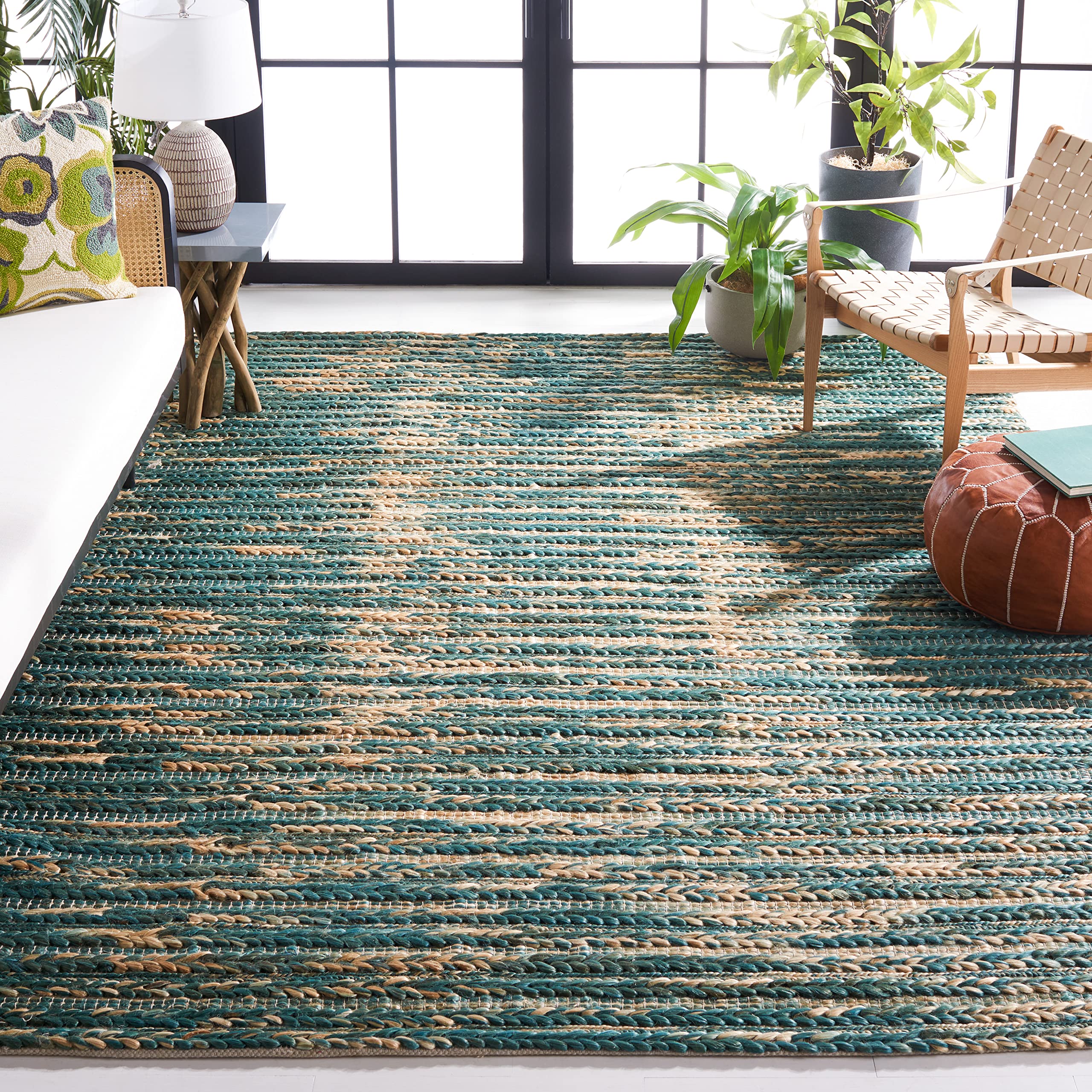 SAFAVIEH Handmade Jute Area Rug 6' x 6' Square - Dark Green & Natural Flatweave - Contemporary Farmhouse & Boho Style - Natural Fiber Collection NF376Y - Perfect for Living Room, Dining Room, Bedroom & Home Decor