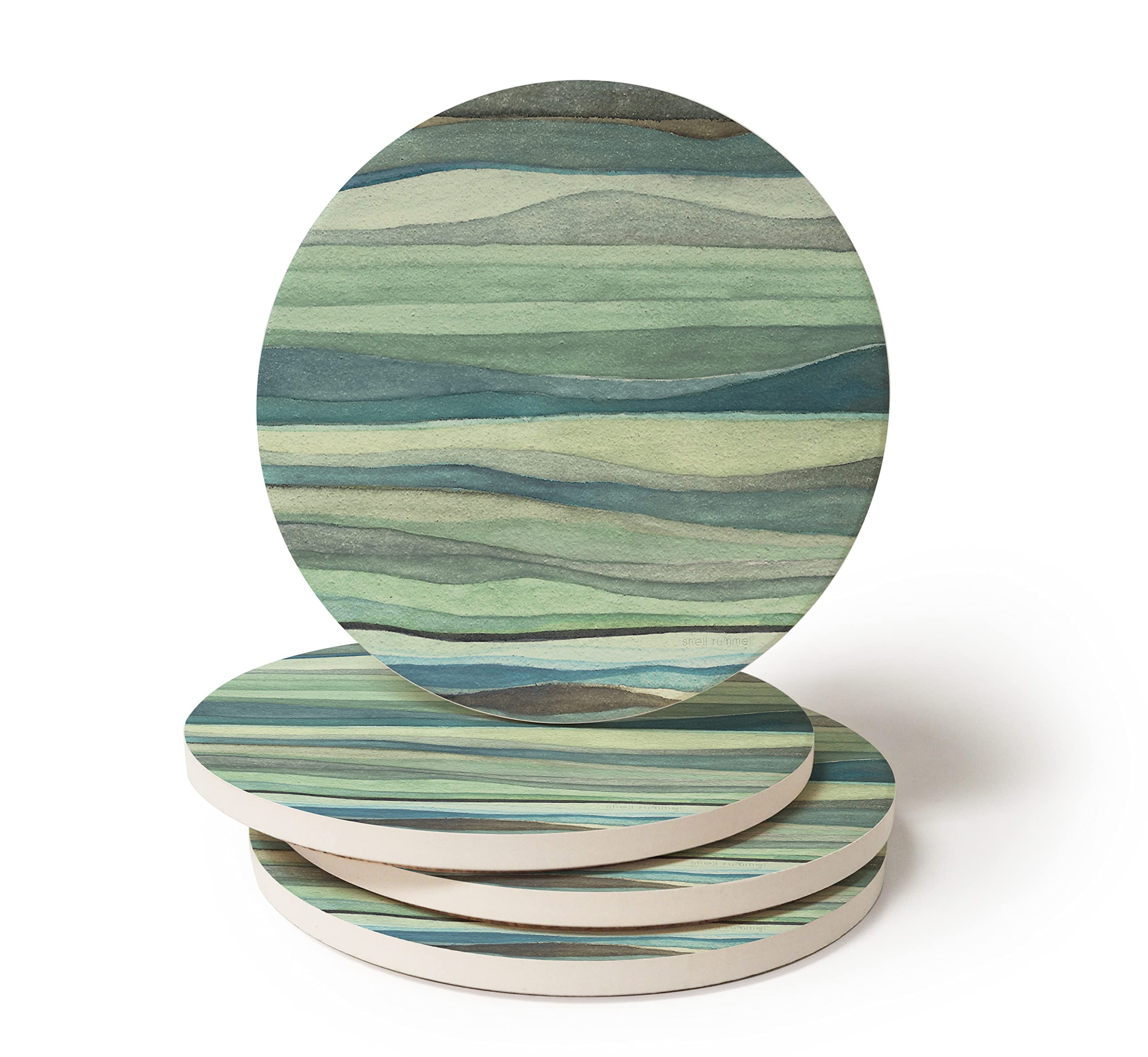 Shell Rummel Coaster Set - Stone Watercolor Wave Design Drink Coasters for Coffee Table, Bar, and Home Decor | Absorbent & Durable