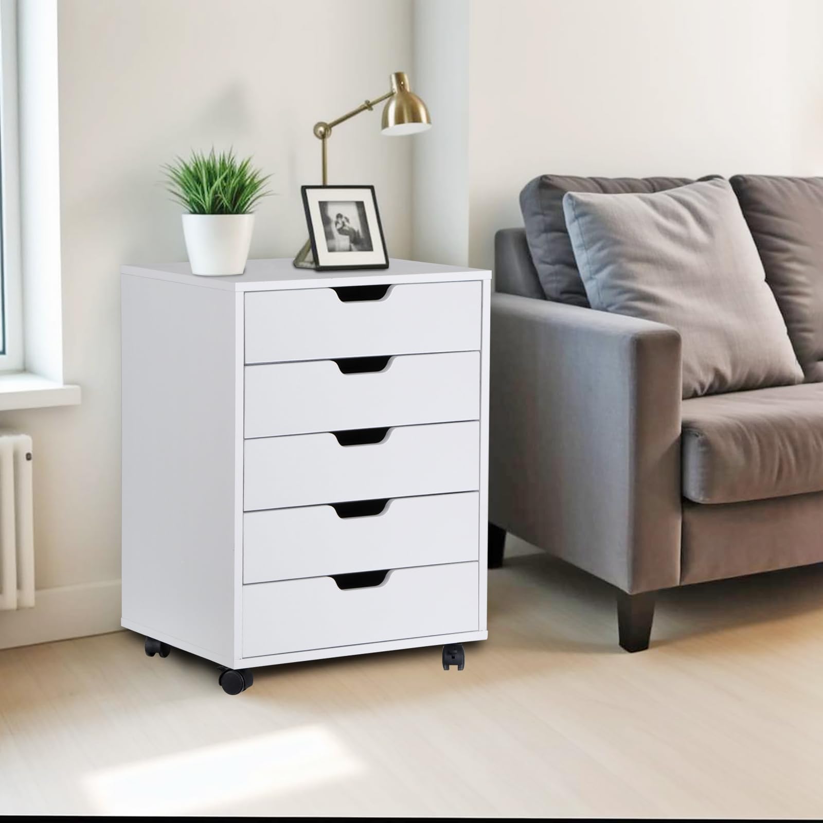 5-Drawer Mobile File Cabinet with Wheels - Under Desk Storage Organizer for Home Office, Small Rolling File Chest & Printer Stand - Modern White Office Furniture for Documents & Supplies (Large, NF0293) - Perfect for Home Offices, Small Spaces & Workspace Organization
