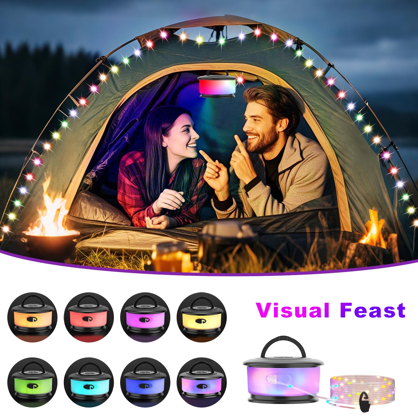 **19 Lighting Modes 32.8FT Rechargeable Camping String Lights - Outdoor Retractable LED Tent Lights for Camping, Party, Christmas & Backyard Decor (Black)**    **Perfect for:** Camping trips, garden parties, holiday decorations, backyard gatherings, and cozy outdoor ambiance.