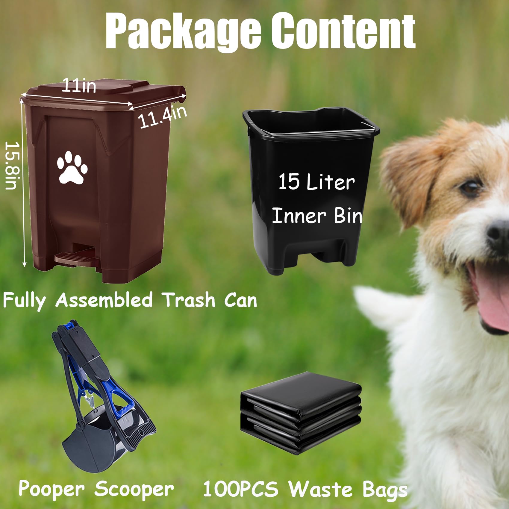 Outdoor Dog Waste Trash Can with Lid - Large Pet Poop Container with Inner Bin & Scooper - Durable Brown Fully Assembled for Yard, Garden, Kitchen - Perfect for Dog Owners & Pet Waste Management