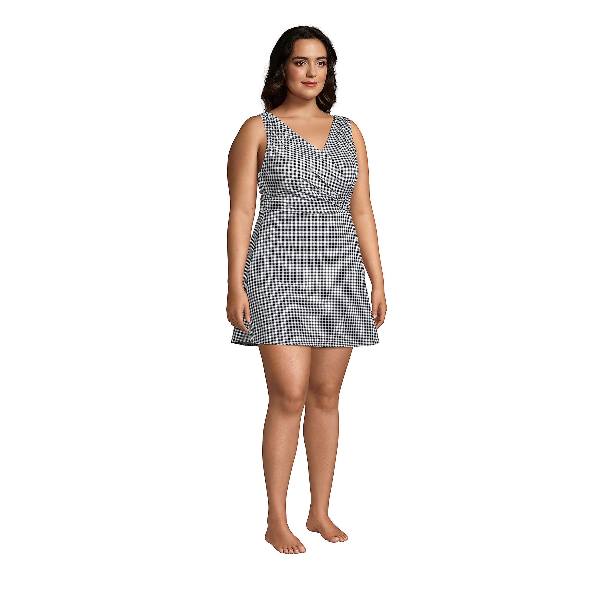 Lands' End Women's Chlorine Resistant Surplice Swim Dress with Control - Black/White Gingham Plus Size 24W | Perfect for Beach Vacations, Pool Parties & Summer Getaways