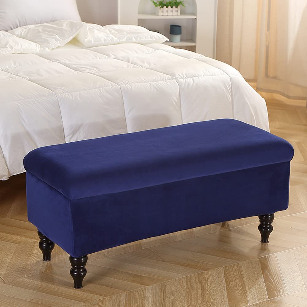 Stretch Velvet Storage Ottoman Cover with Elastic Bands - Blue Large Jacquard Bench Slipcover for Footrest Stool & Folding Storage | Living Room, Bedroom & Home Decor