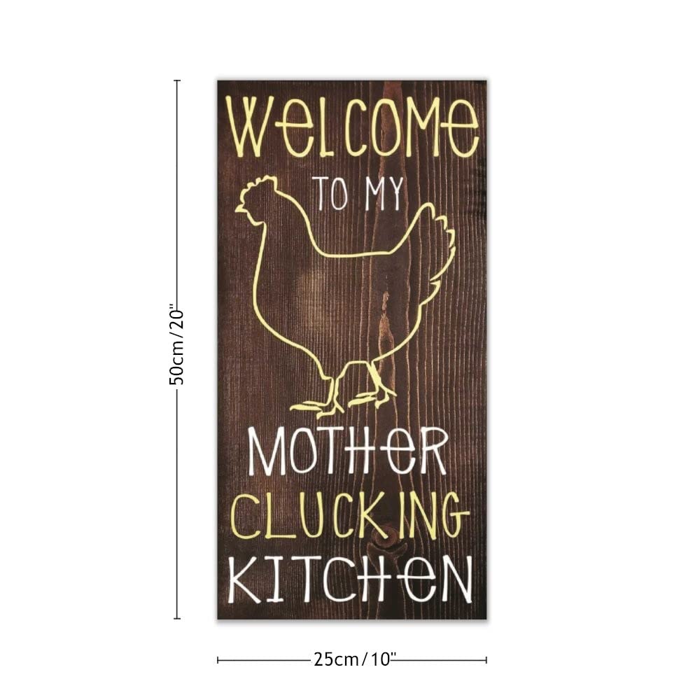 Funny Chicken Wood Sign - Welcome to My Mother Clucking Kitchen Plaque - Farmhouse Wall Decor for Kitchen, Dining Room & Country Home - Yellow Chicken Themed Humorous Farm Sign