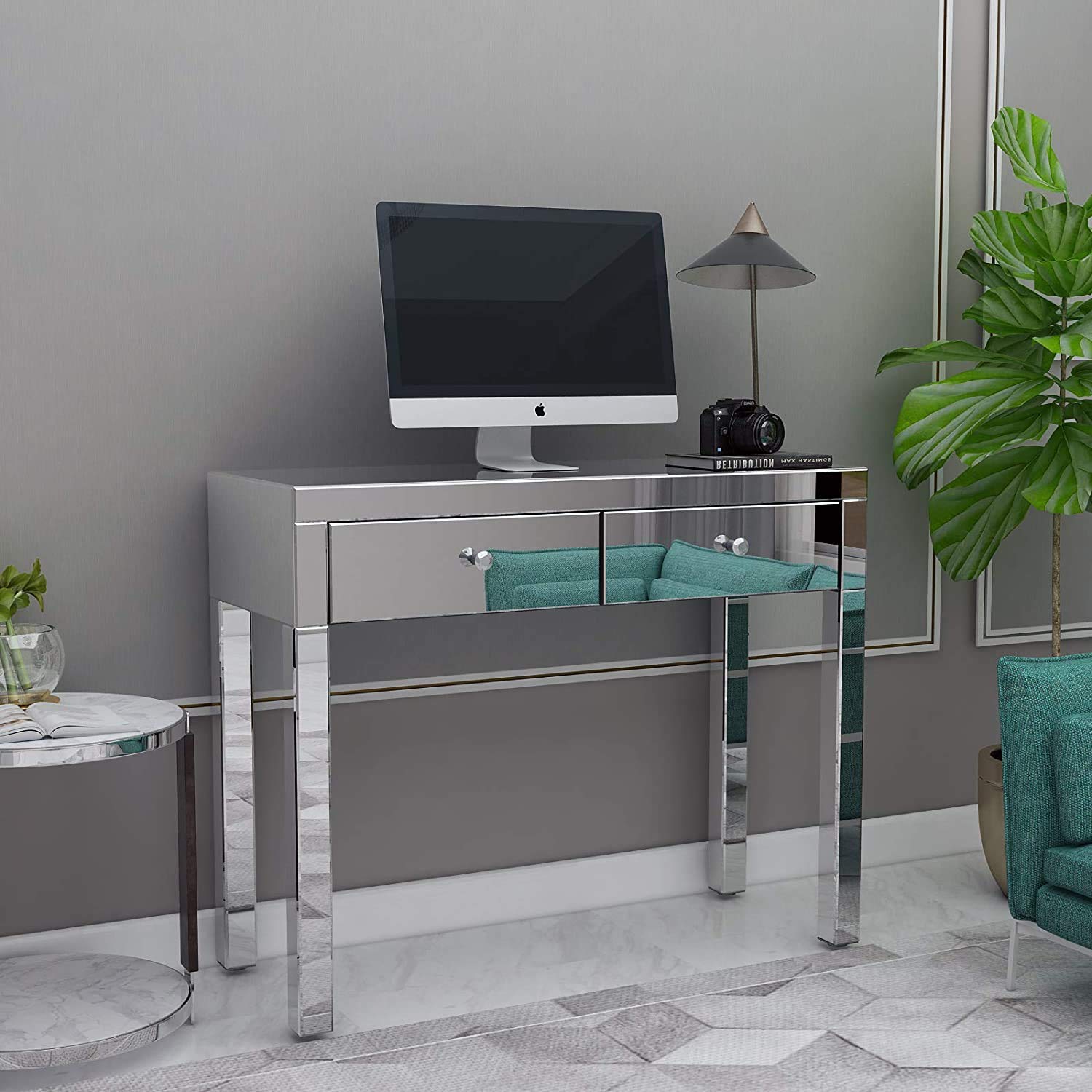 Modern Silver Mirror Writing Computer Desk with 2 Drawers - Sturdy Home Office Workstation for Study, Gaming & Remote Work - Space-Saving Design for Small Rooms & Apartments