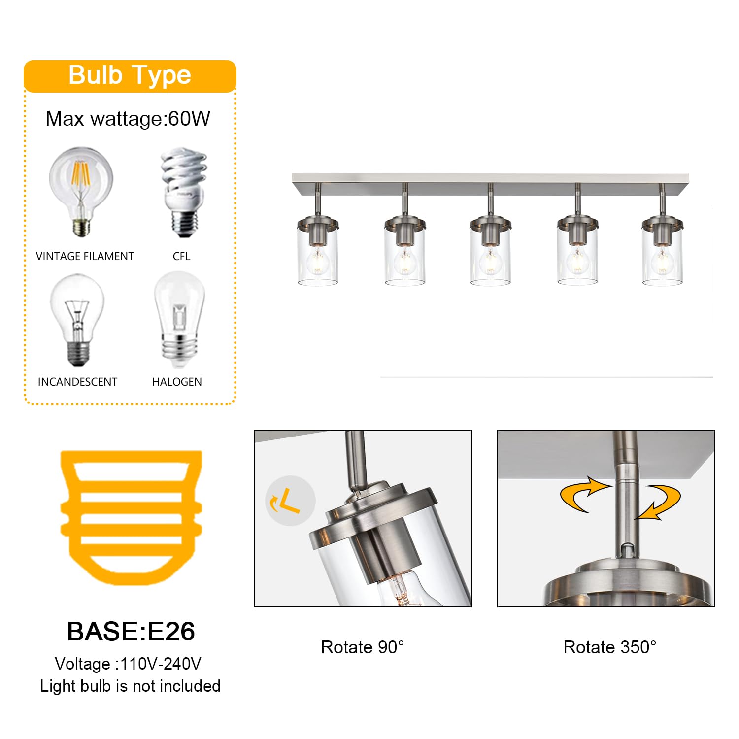 BONLICHT Modern 5-Light Adjustable Track Lighting Fixture - Brushed Nickel Semi Flush Mount Ceiling Light with Clear Glass Shade - Perfect for Kitchen, Vanity Mirror, and Industrial Indoor Wall Lighting