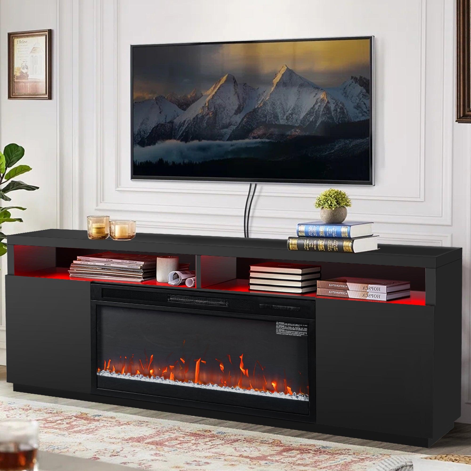 Modern 68-Inch LED TV Stand with 36-Inch Insert Opening & Electric Fireplace - Black or White - Perfect for Living Room Home Theater & Cozy Winter Nights