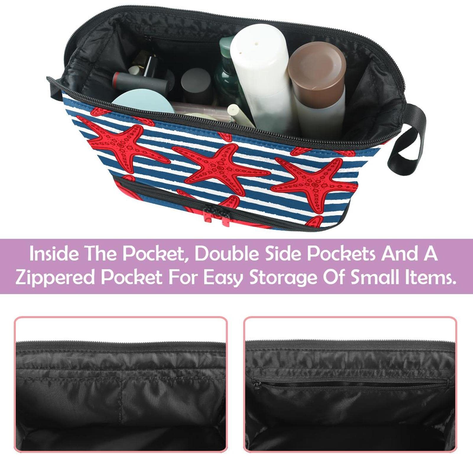 Waterproof Large Makeup Bag for Women - Travel Cosmetic Organizer with Brush Holder, Cute Cartoon Sea Life Starfish Striped Design - Perfect for Summer Beach Trips, Gym & Daily Essentials Storage
