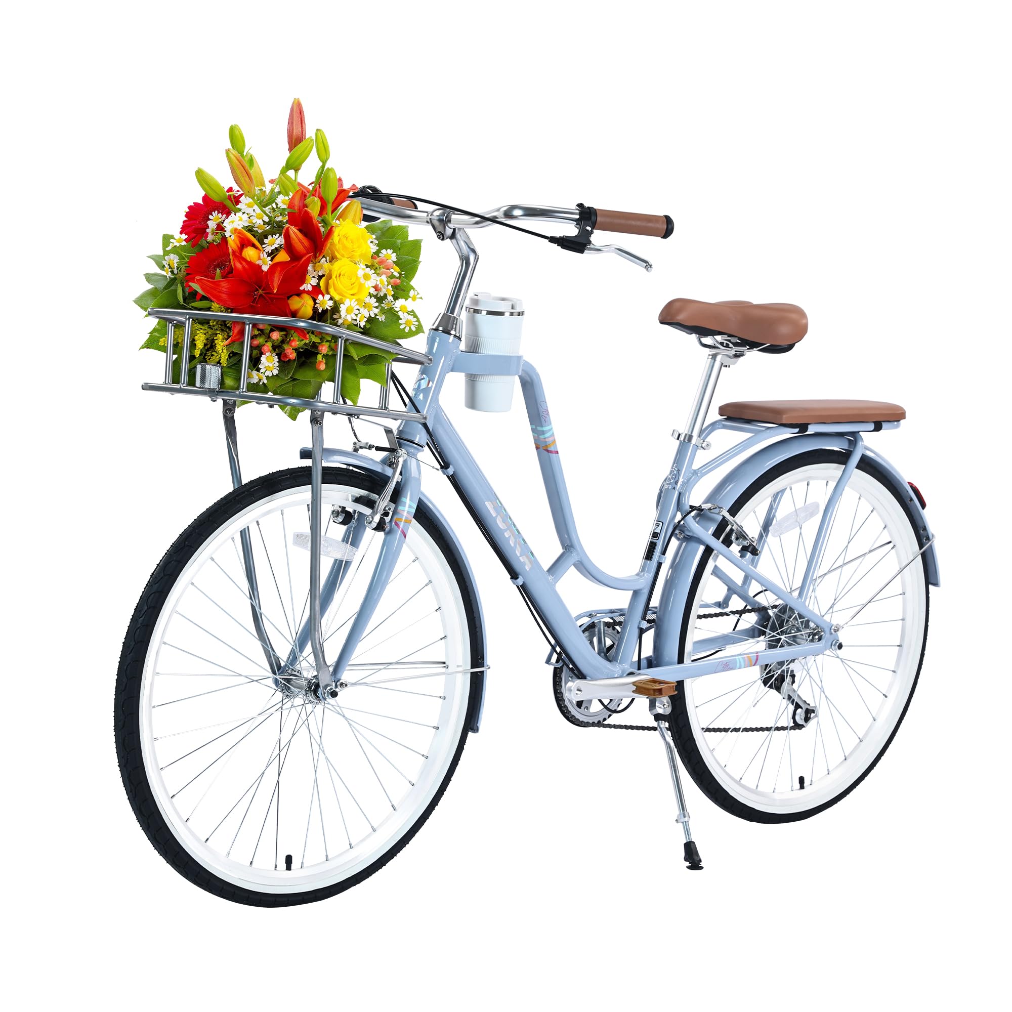26 Inch Women's Beach Cruiser Bike with Coffee Cup Holder - High-Carbon Steel Frame, Adjustable Seat, Front Basket & Rear Rack - Perfect for School, Picnic, Outdoor Cycling and Casual Commuting
