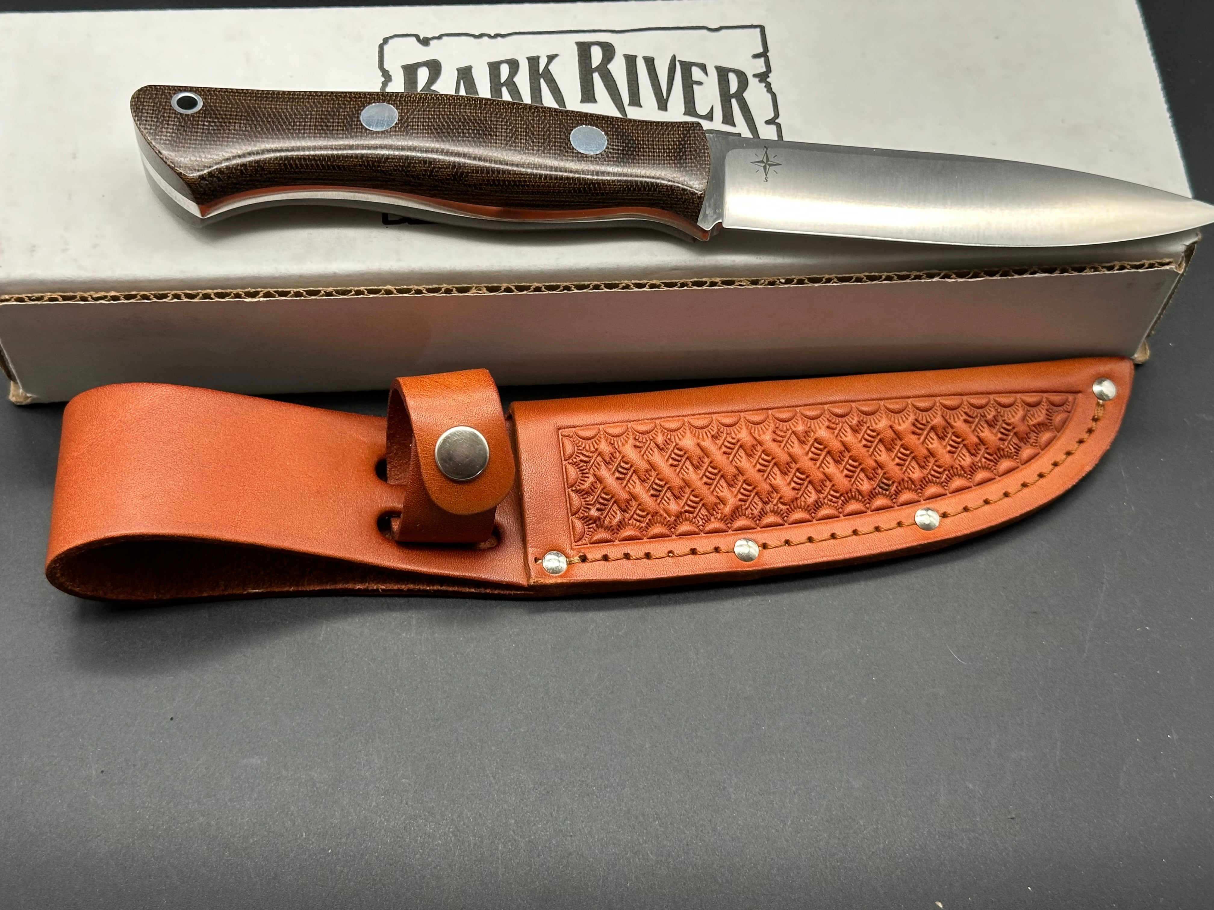 Bark River Aurora Knife with Green Canvas Micarta Scales & A2 Tool Steel Blade - Hunting, Camping, Outdoor Survival Gear with Brown Leather Sheath