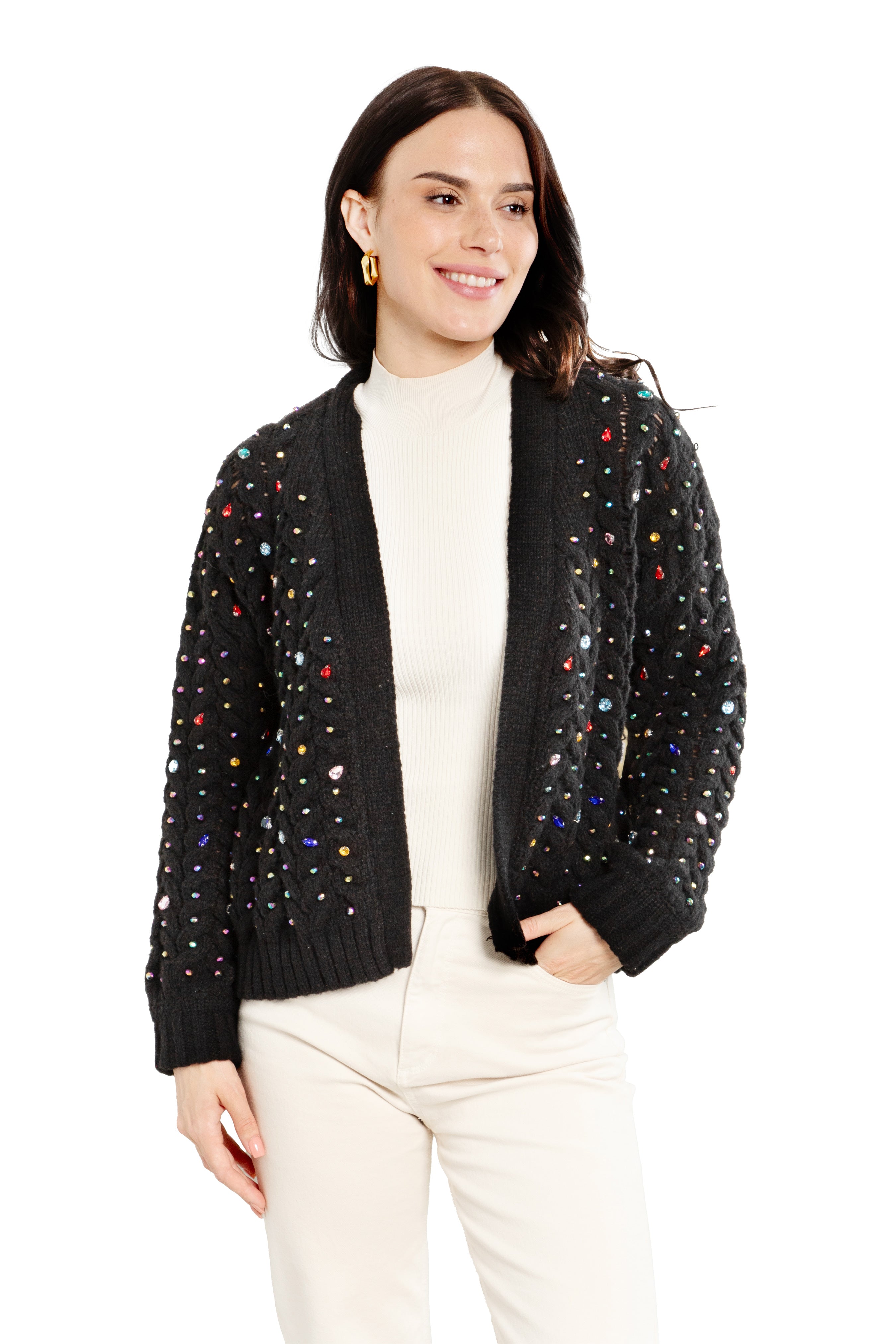 Elegant Cable Knit Cardigan with Gemstone Pattern - Cozy Winter Sweater for Women | Perfect for Office, Date Night & Casual Outfits