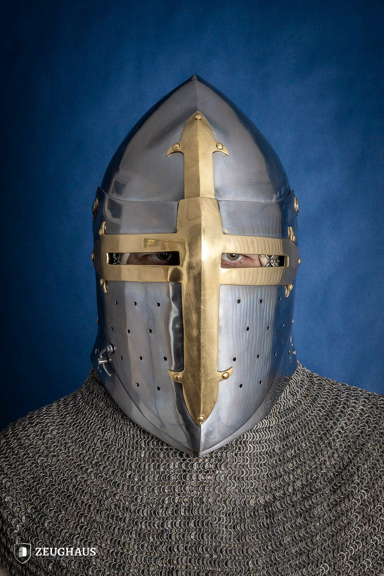 1.6mm Sugar Loaf Helmet with Brass Visor - Medieval Armor for LARP, Cosplay & Historical Reenactment