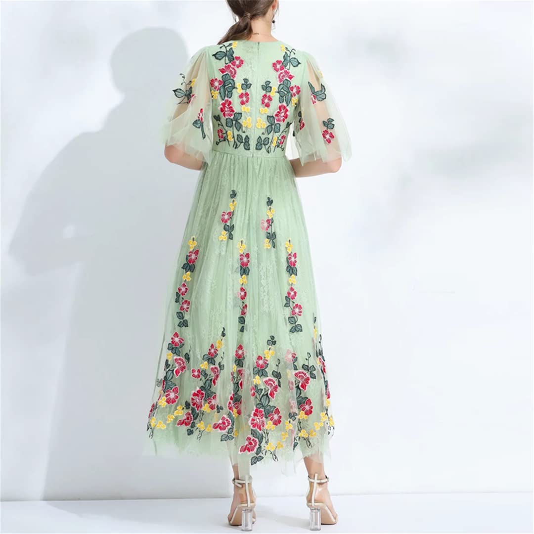Elegant Green Floral Embroidered Mesh Maxi Dress for Women - Flare Sleeve Party Gown for Evening Events, Weddings & Special Occasions