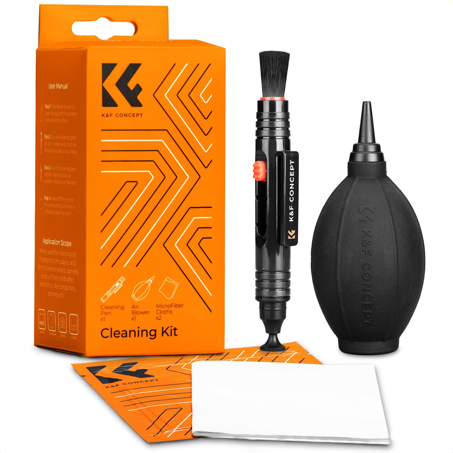 **K&F Concept 4-in-1 Camera Cleaning Kit – Lens Brush Pen, Rocket Air Blower, Microfiber Cloth & Lens Cleaner for DSLR Cameras (Canon, Nikon, Pentax, Sony) – Perfect for Travel, Outdoor & Studio Photography**