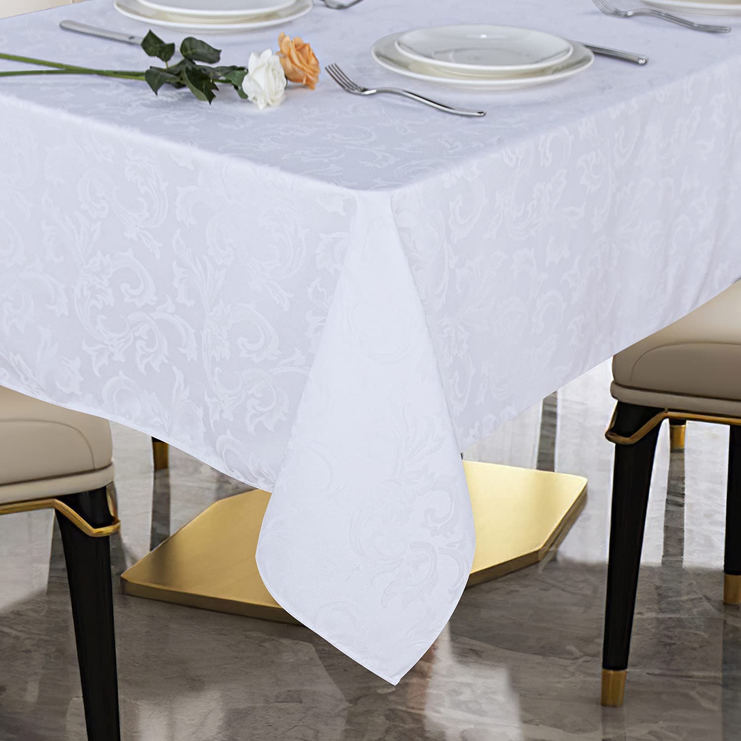 Premium 210GSM Jacquard Tablecloth - Heavy Duty Waterproof Wrinkle-Free Microfiber Table Cover for Dining, Parties, Weddings & Events (White, 52x70 Inch) - Ideal for Indoor & Outdoor Use on Round, Rectangle or Square Tables