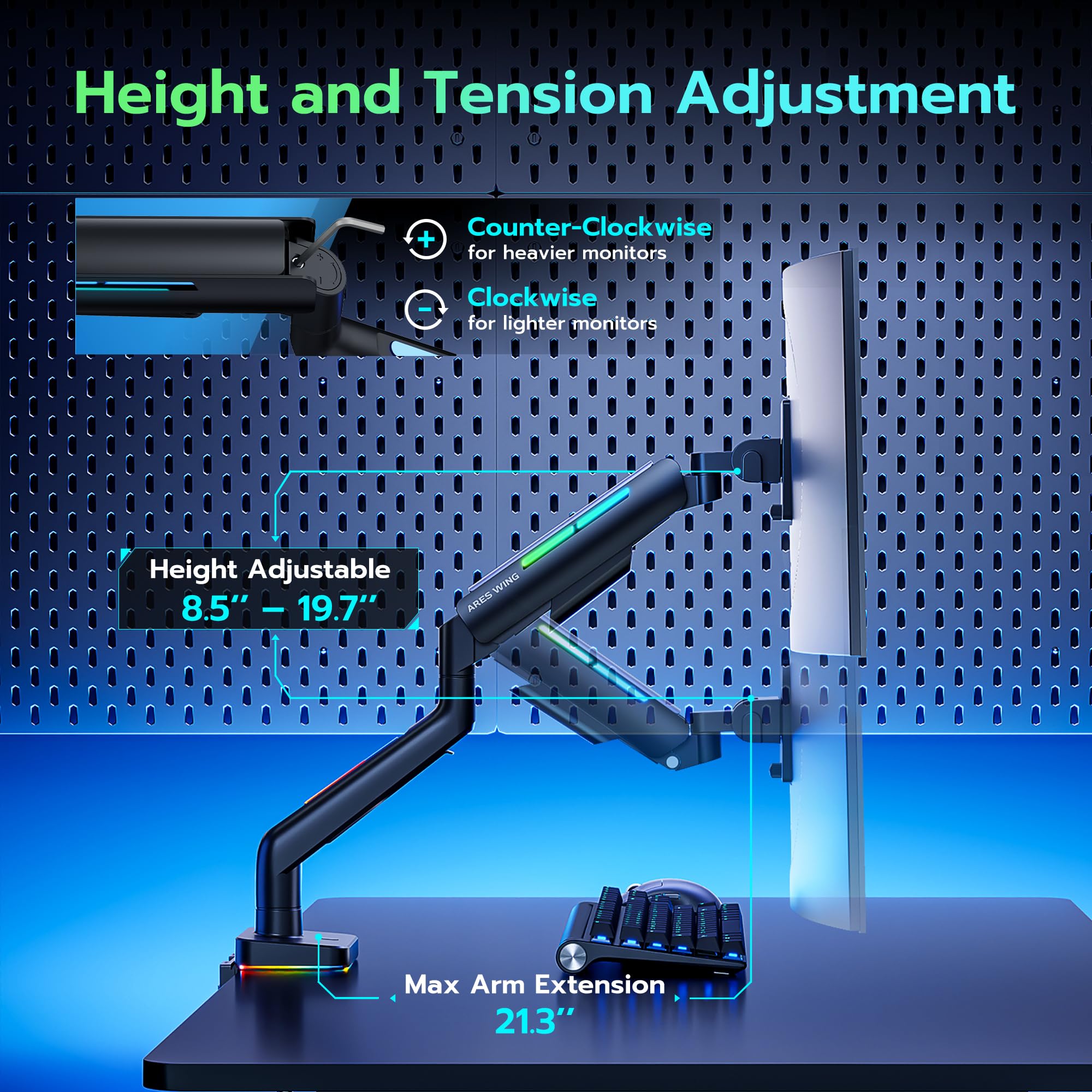 Heavy Duty Monitor Arm for 49'' Ultrawide Screen - Samsung Odyssey G9 & LG Monitor - Adjustable Gas Spring Mount for Gaming & Office Setup