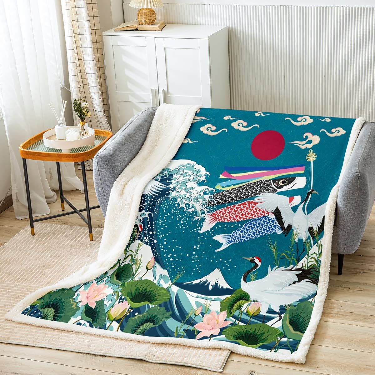 Japanese Ukiyoe Style Lotus Fish & Cranes Print Fleece Throw Blanket - Twin Size 60x80 Inches, Soft Flannel Sofa Couch Blanket for Living Room, Kids Bedroom Decor - Perfect for Cozy Nights, Anime-Themed Rooms & Gift Giving