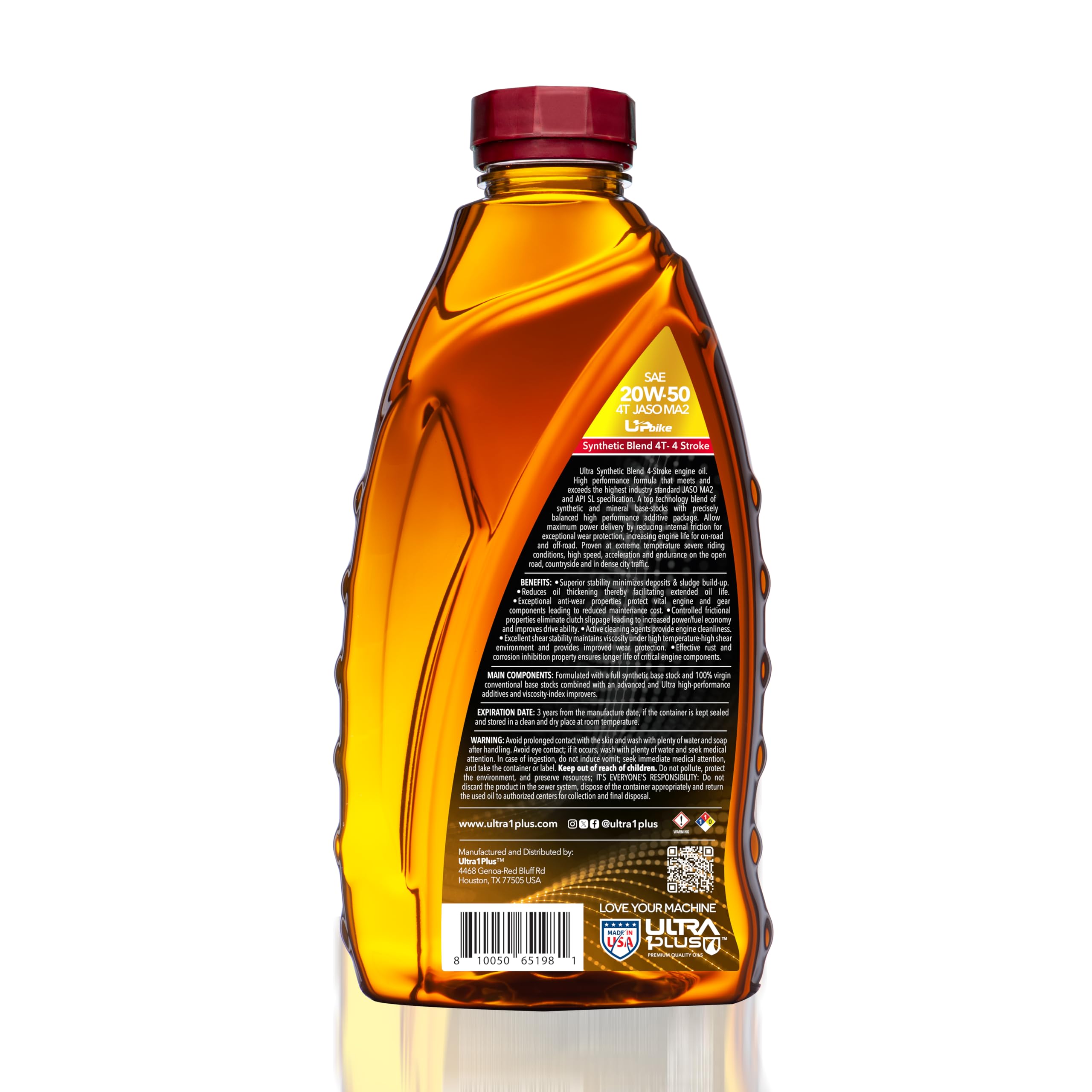 Ultra1Plus 4T 20W-50 Synthetic Blend Motorcycle Oil - API SL JASO MA2 Certified - 12 Quart Pack - High Performance Engine Protection for Cruisers, Touring & Off-Road Bikes