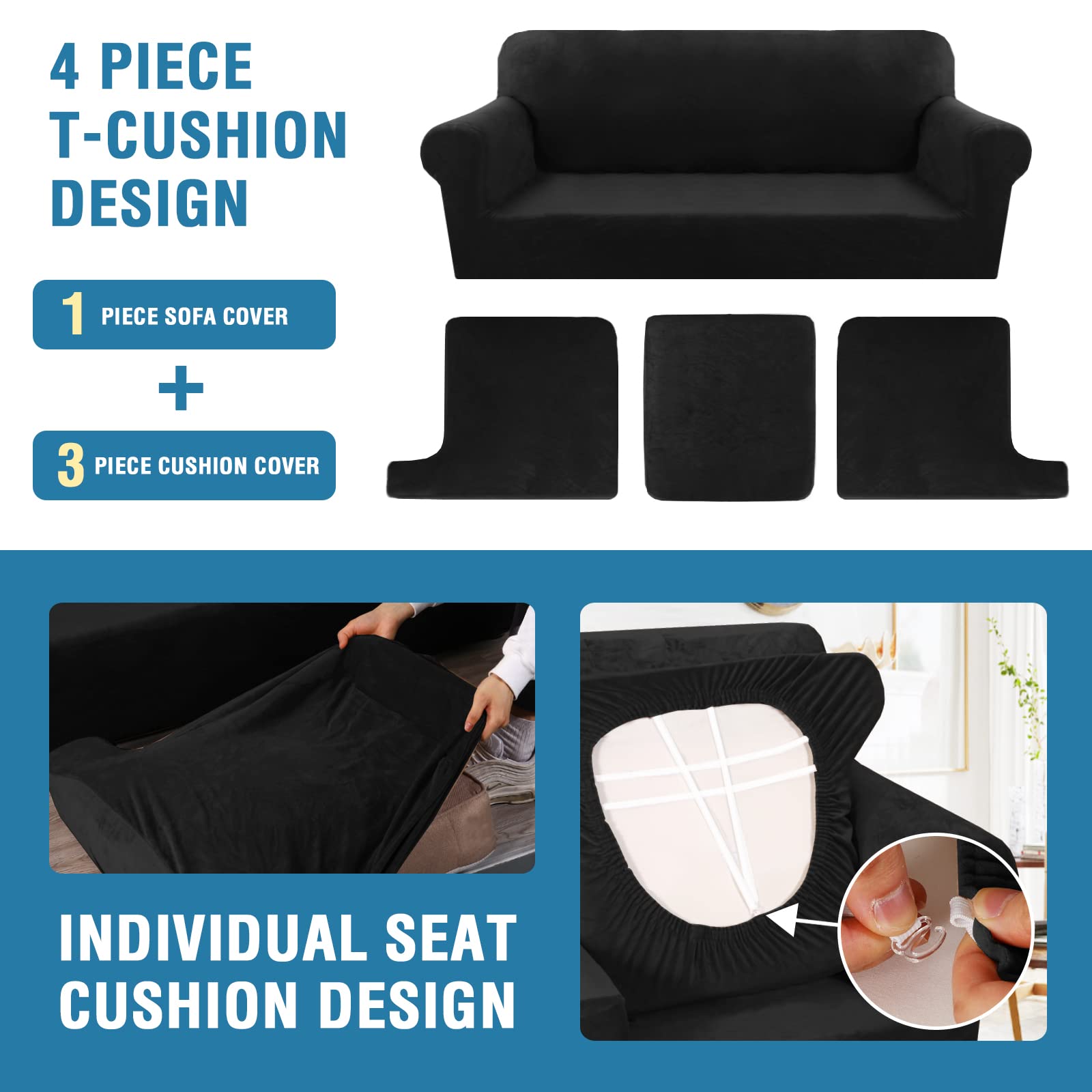 H.VERSAILTEX 4-Piece Velvet Stretch Sofa Slipcover Set - Washable T Cushion Covers for 3-Seater Couch, Furniture Protector (Black) | Perfect for Living Room, Family Room & Home Decor Protection