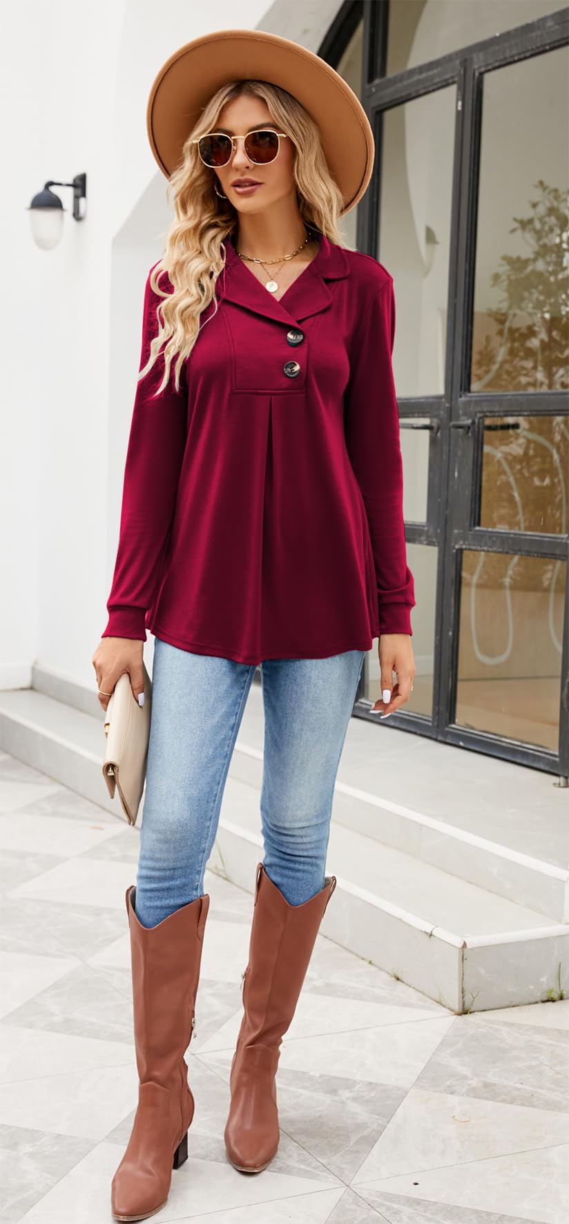 Newchoice Women's Long Sleeve Tunic Tops for Leggings - Casual Notch Collar Button Front Pullover Sweatshirt Shirt - Perfect for Work, Yoga & Everyday Wear