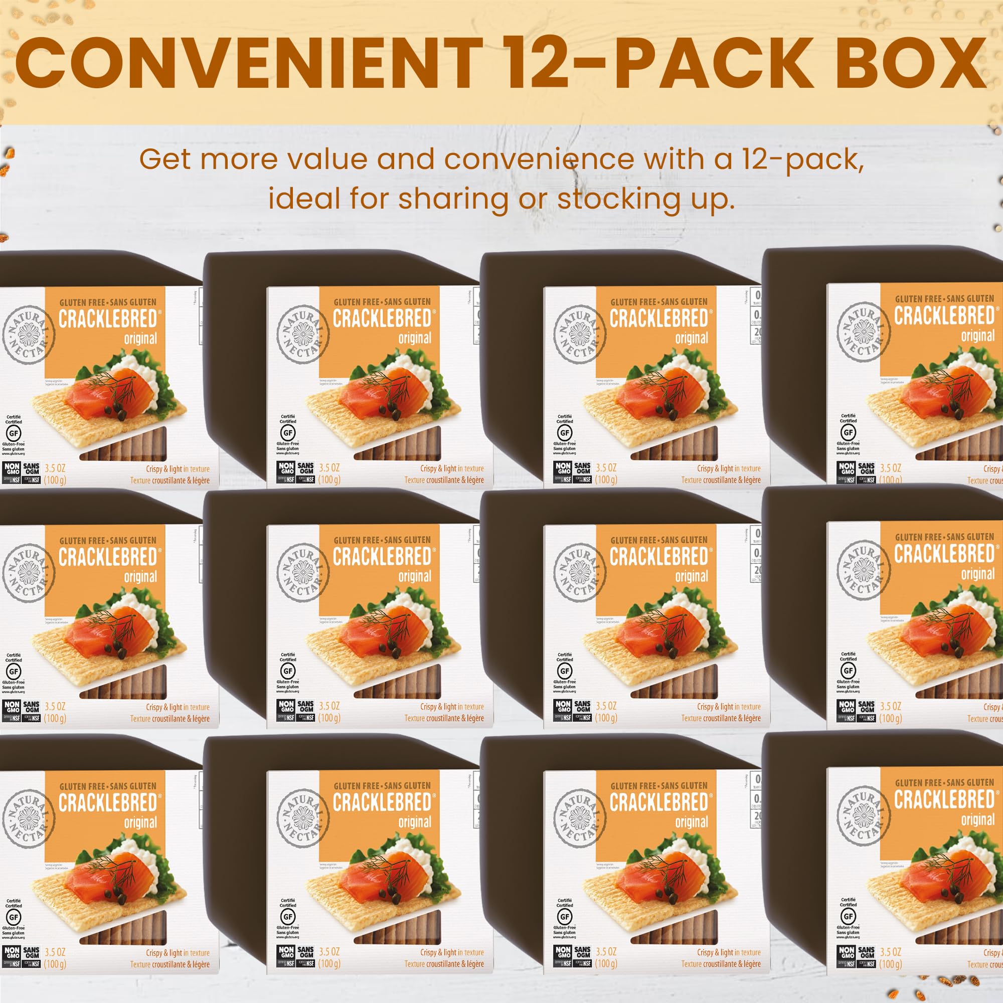 Natural Nectar Original Cracklebred, 12-Pack (4.5 oz Each) | Gluten-Free Crispbread for Healthy Snacks, Toppings & Appetizers | Certified GF | Perfect for Charcuterie Boards, Cheese Pairings & Keto Diets