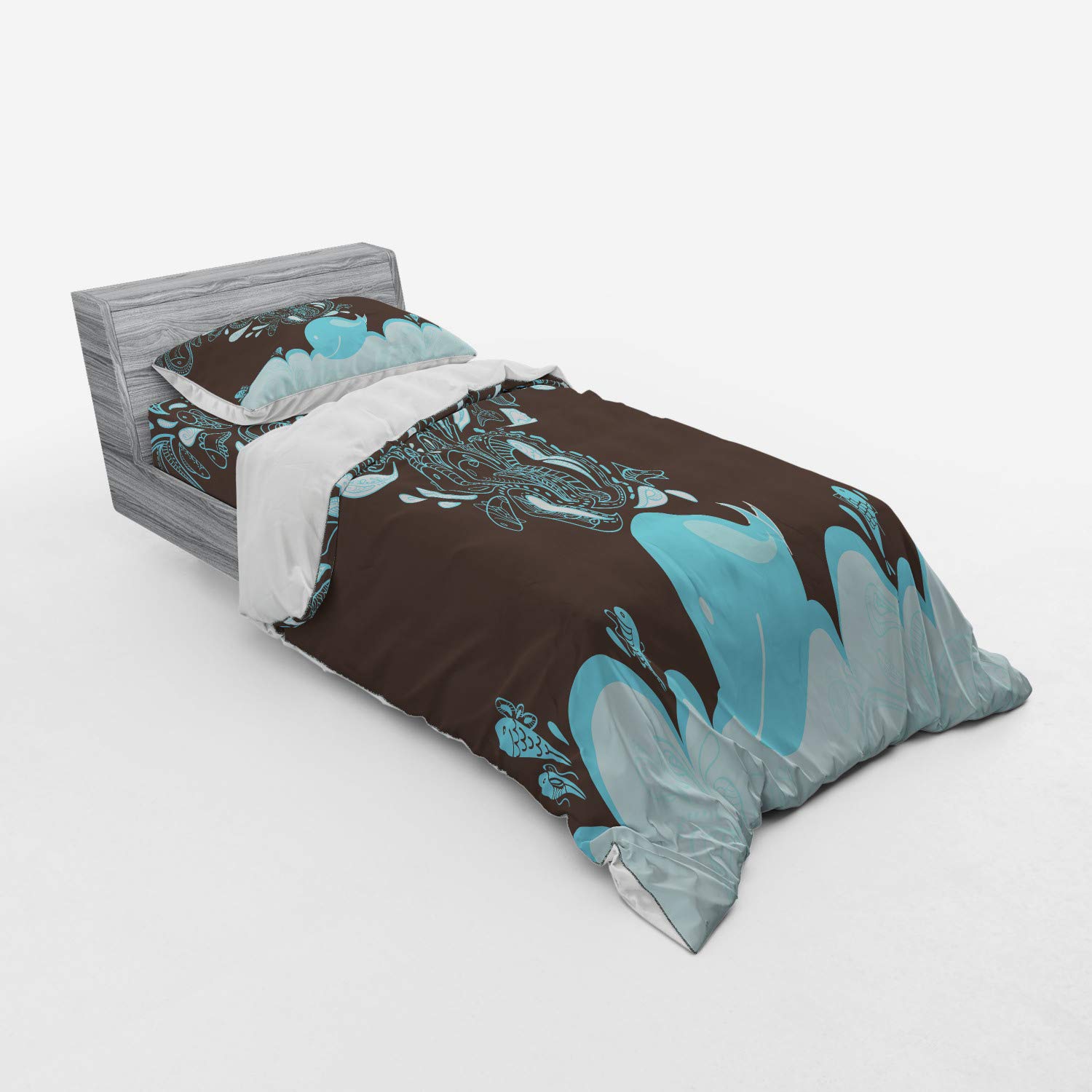 Ambesonne Whale Duvet Cover Set - Ocean Themed Cartoon Batik Tribal Style 3-Piece Bedding with Sham & Fitted Sheet, Twin XL Size in Blue & Brown | Perfect for Kids' Rooms, Beach Themed Decor & Whale Lovers