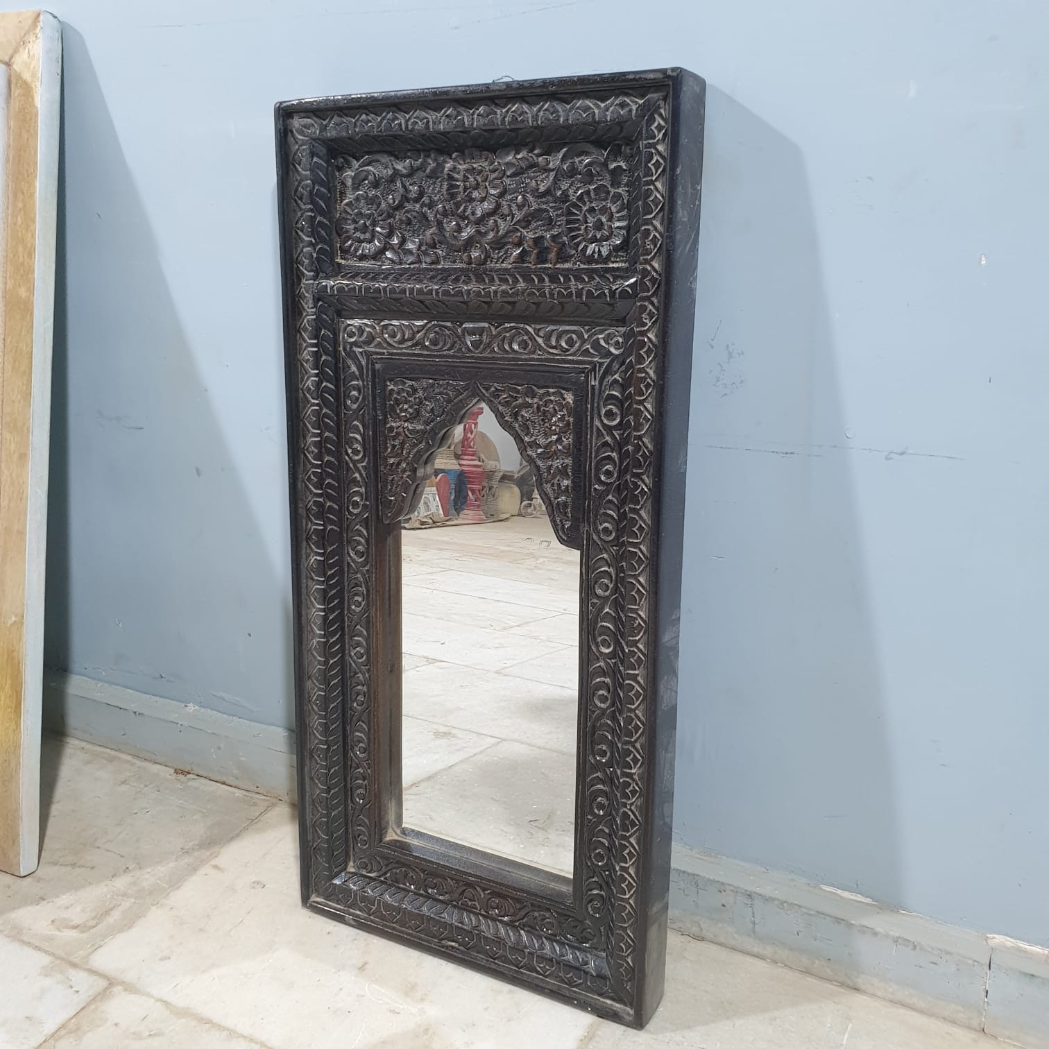 Handmade Indian Wooden Mirror Frame - Exquisite Carved Design, 37x7x77cm - Perfect for Living Room, Bedroom & Boho Home Decor