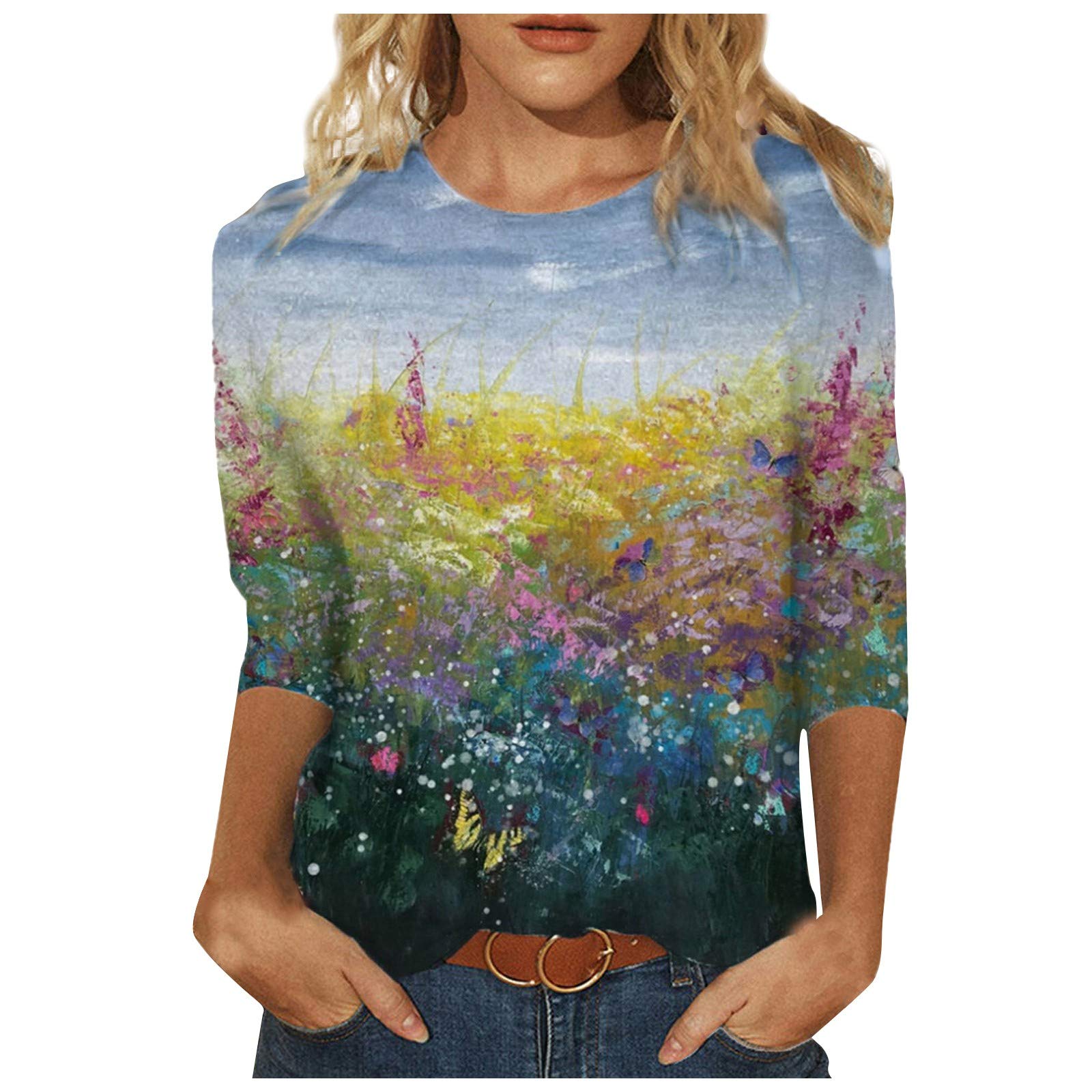 Floral Printed 3/4 Sleeve T-Shirt for Women - Casual Summer Blouse for Outings