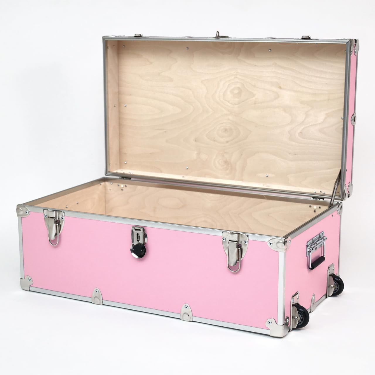 Rhino Heavy-Duty Camping Trunk with Wheels & Organizer Tray - 32x18x14 Inch Pink Footlocker for Summer Camp, Dorm, or Travel - 1000+ lb Capacity Storage Chest for Clothes, Toys & Gear