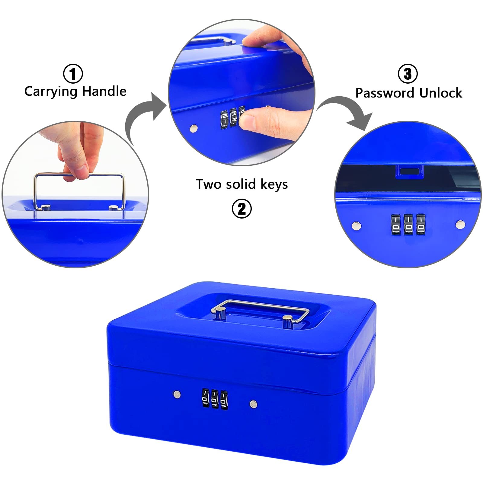 Heavy Duty Steel Cash Box with 4-Digit Combination Lock - Portable Metal Money Organizer with Removable Tray & Locking Cover - Secure Cash Storage Box for Home, Office, Retail (Blue, 7.9